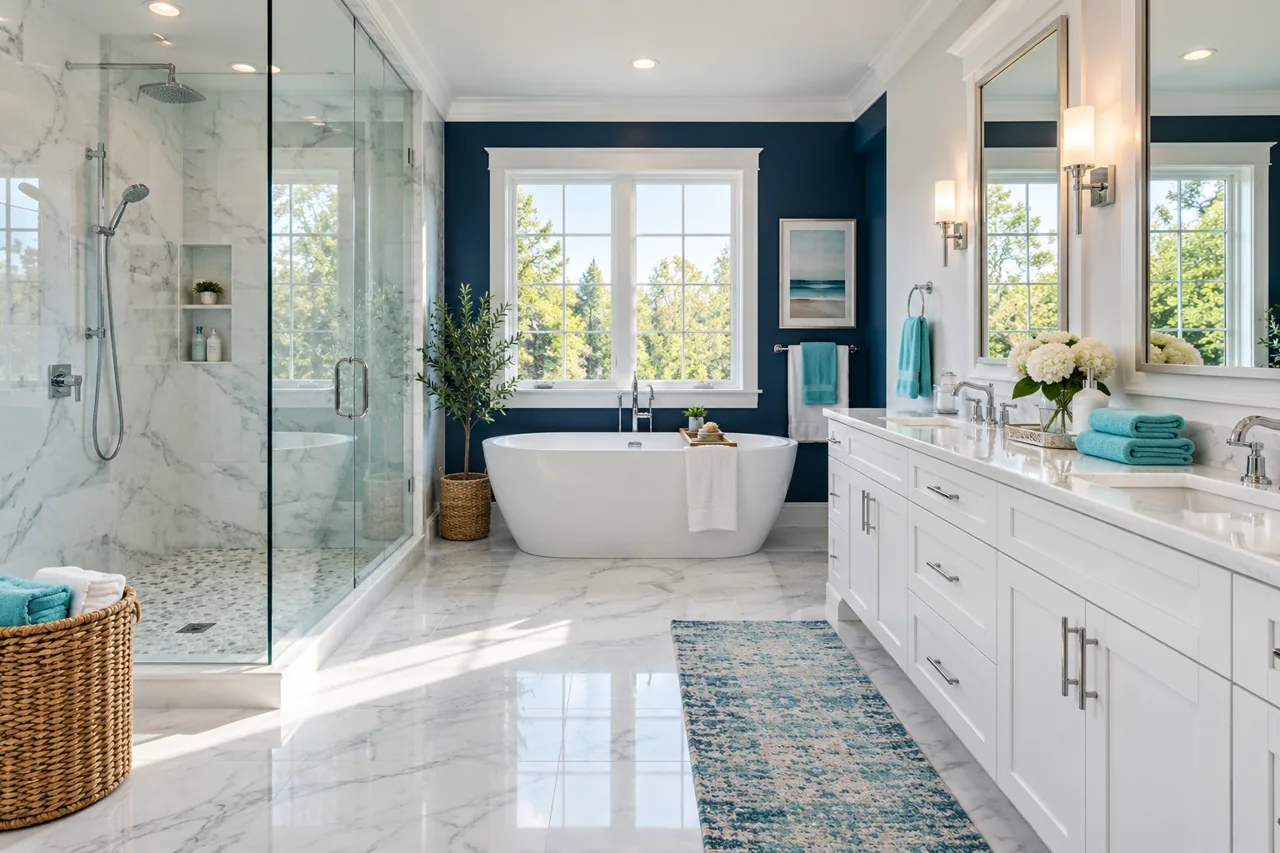 Clean bathroom with glass shower, vanity and turquoise towels