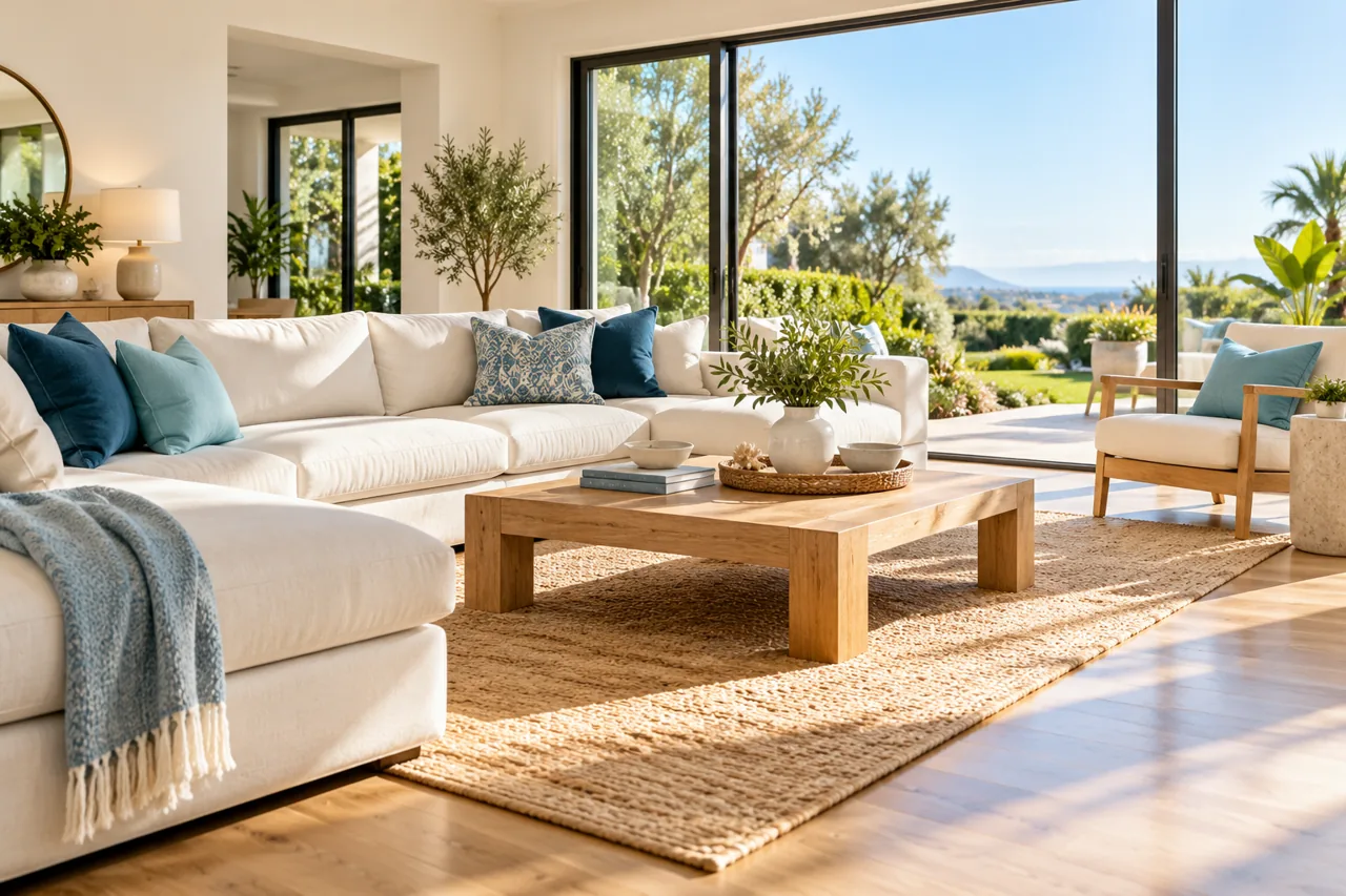 Bright living room with blue accents and clean floors