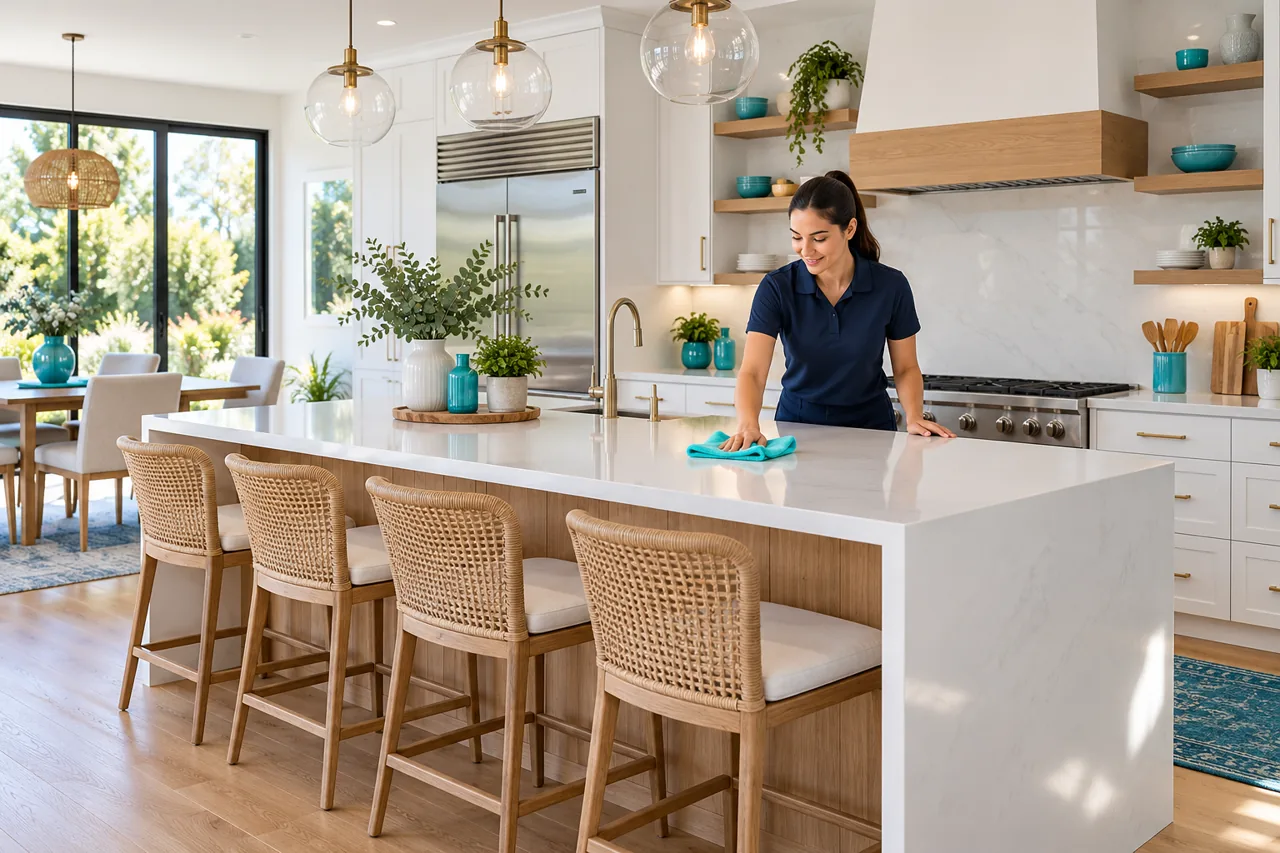 Cleaning a bright kitchen island with a turquoise microfiber cloth