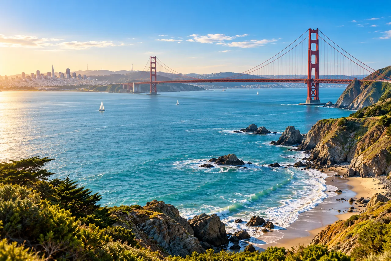 Illustrative view of San Francisco Bay and the Golden Gate Bridge